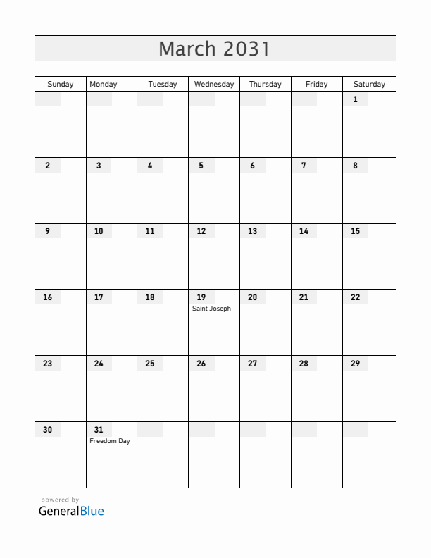 Malta March 2031 Calendar with Holidays