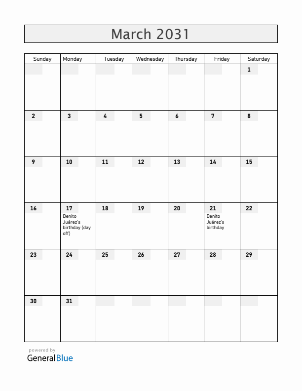 Mexico March 2031 Calendar with Holidays
