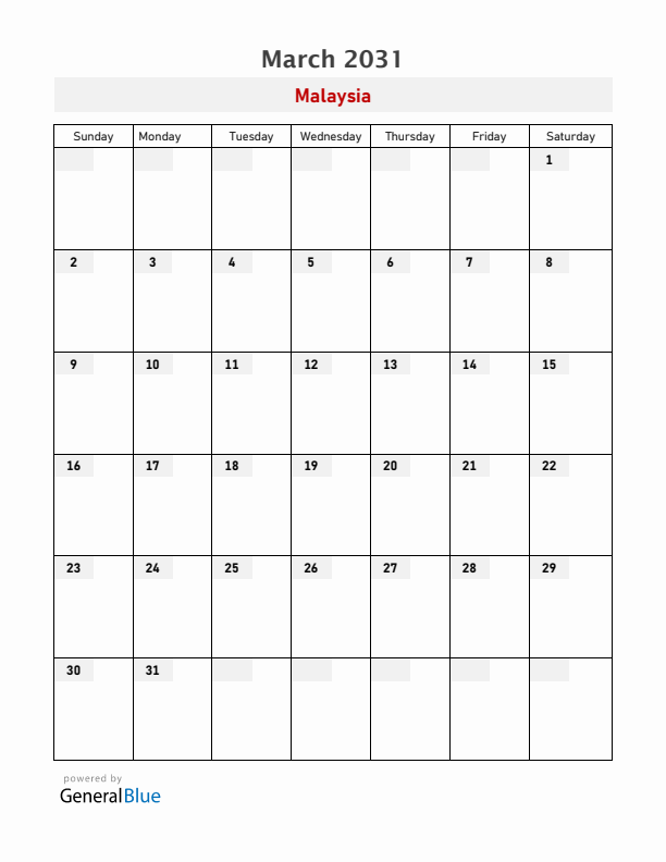 Malaysia March 2031 Calendar with Holidays
