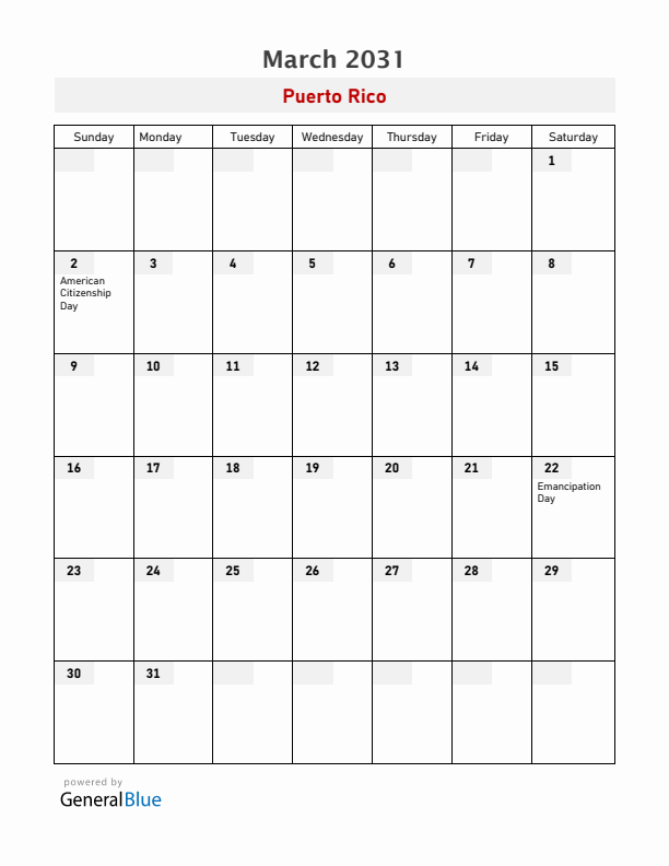 Puerto Rico March 2031 Calendar with Holidays