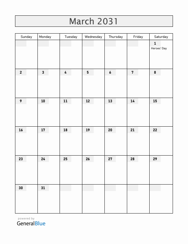 Paraguay March 2031 Calendar with Holidays