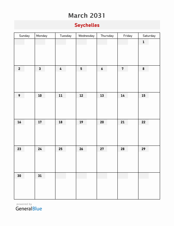 Seychelles March 2031 Calendar with Holidays