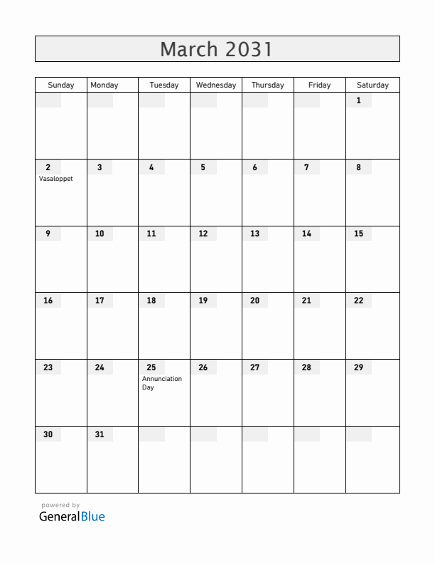 Sweden March 2031 Calendar with Holidays