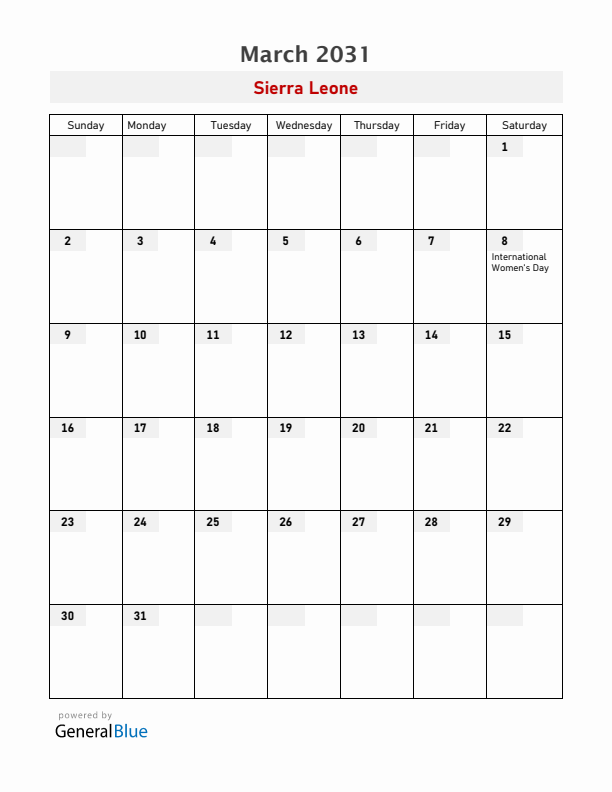 Sierra Leone March 2031 Calendar with Holidays