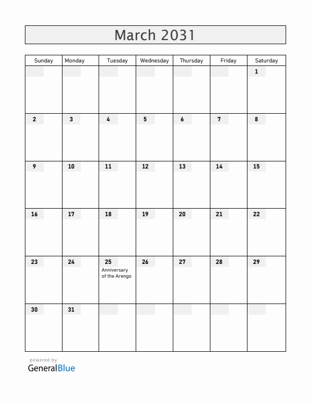 San Marino March 2031 Calendar with Holidays