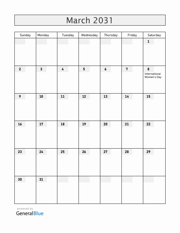 South Sudan March 2031 Calendar with Holidays