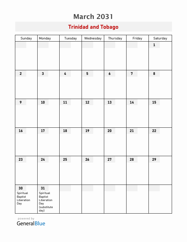 Trinidad and Tobago March 2031 Calendar with Holidays