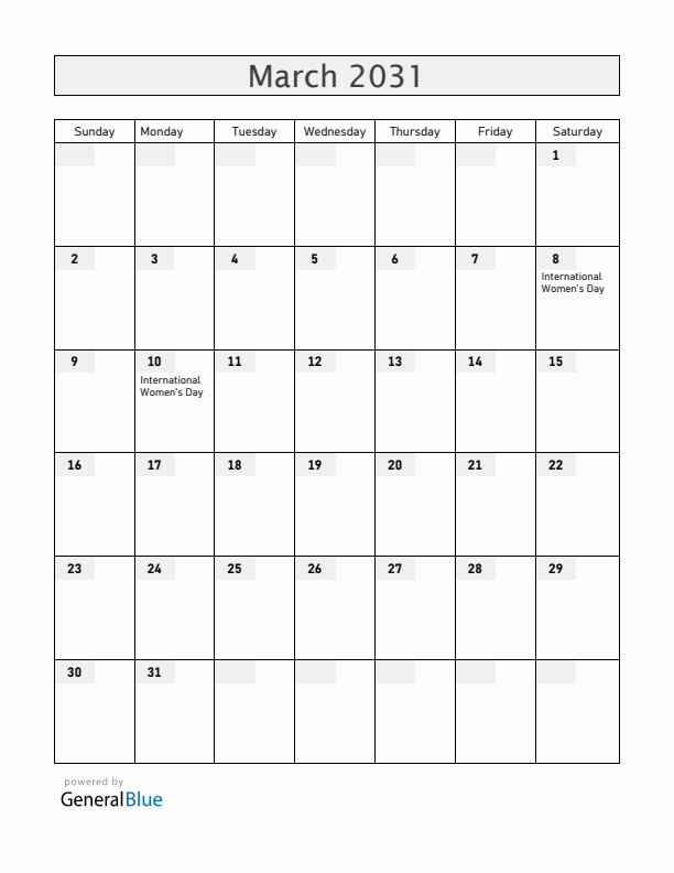 Ukraine March 2031 Calendar with Holidays