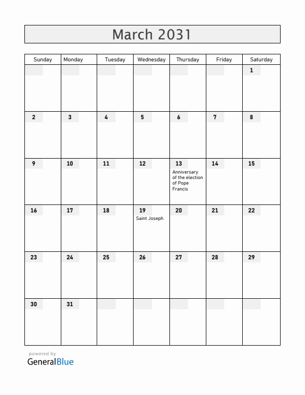 Vatican March 2031 Calendar with Holidays