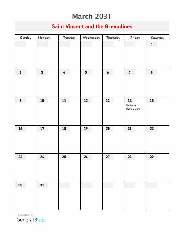 Saint Vincent and the Grenadines March 2031 Calendar with Holidays