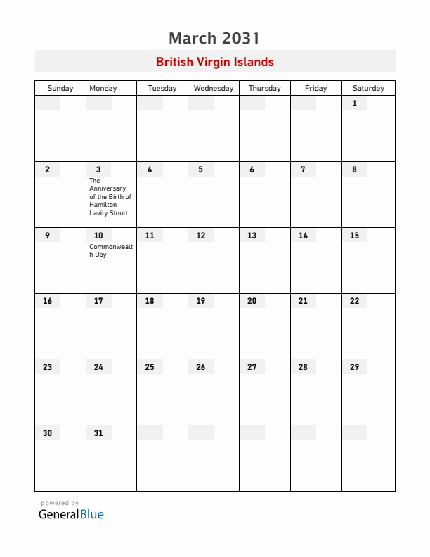British Virgin Islands March 2031 Calendar with Holidays