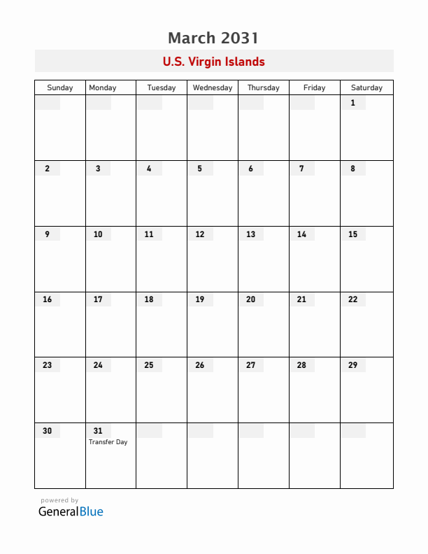 U.S. Virgin Islands March 2031 Calendar with Holidays