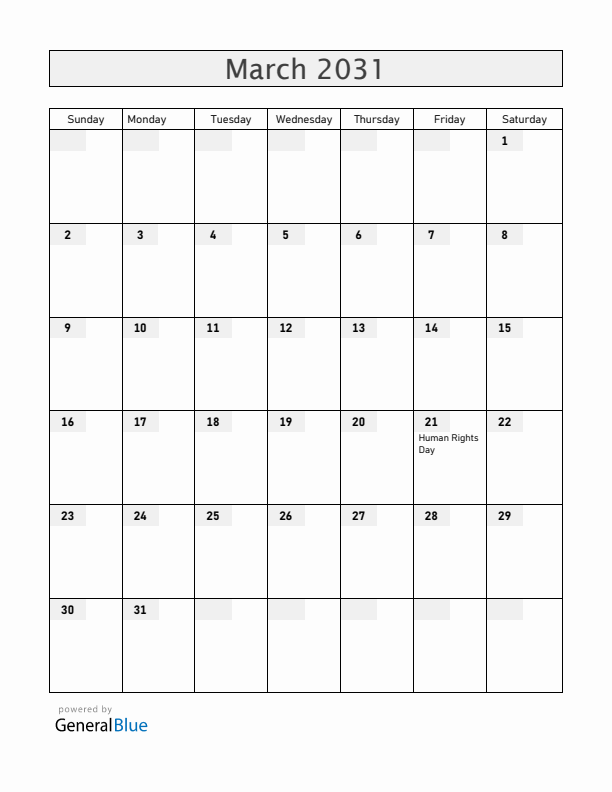 South Africa March 2031 Calendar with Holidays