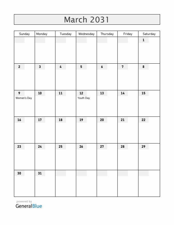Zambia March 2031 Calendar with Holidays