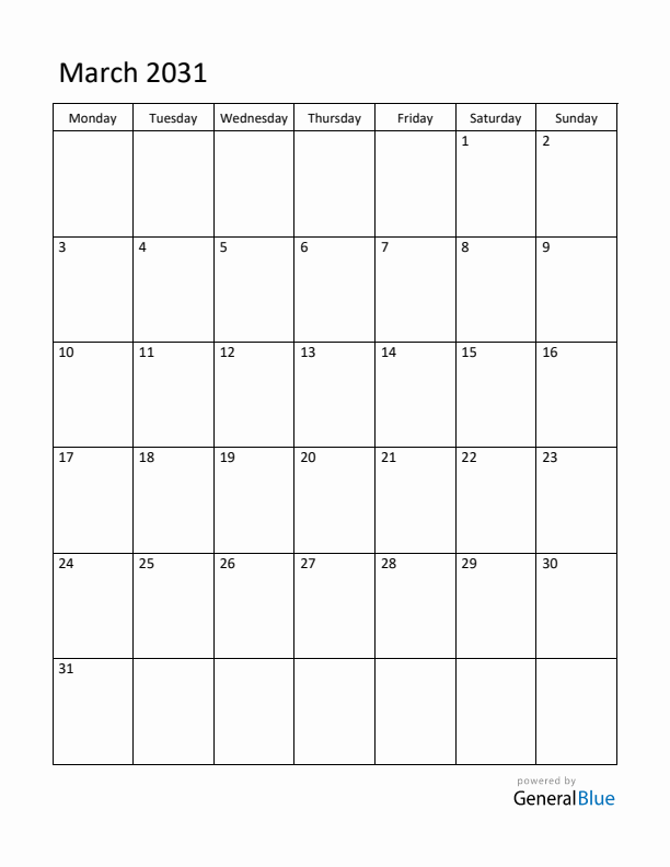 Monday Start Calendar for March 2031