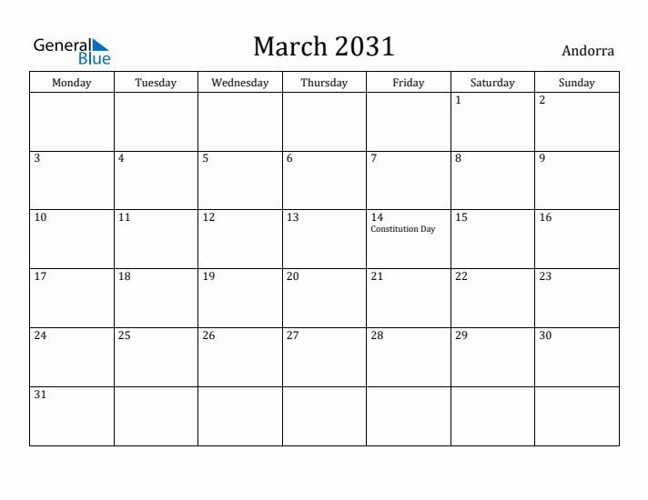 March 2031 Calendar Andorra