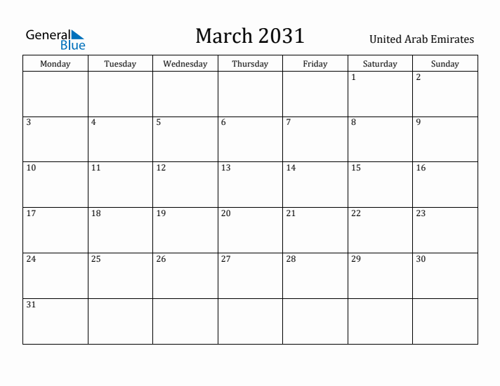 March 2031 Calendar United Arab Emirates