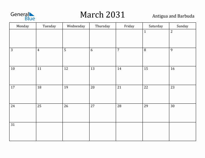 March 2031 Calendar Antigua and Barbuda