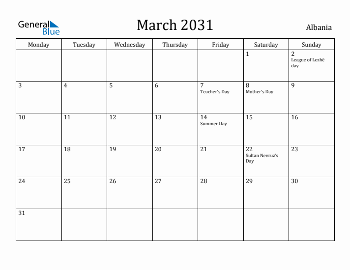 March 2031 Calendar Albania