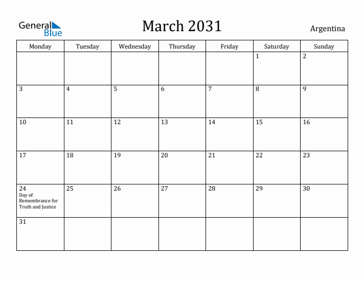 March 2031 Calendar Argentina