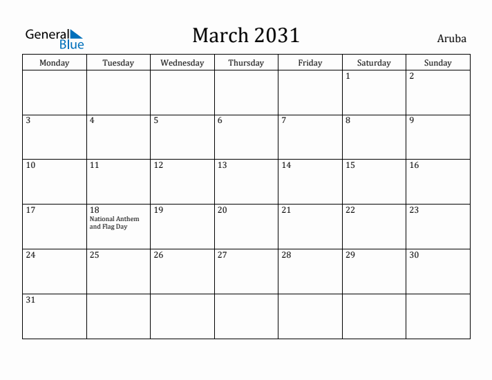 March 2031 Calendar Aruba
