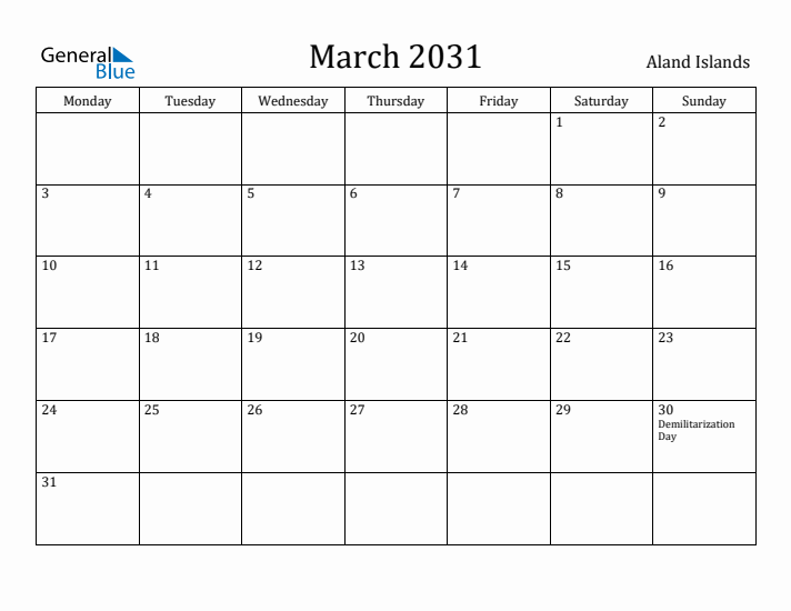 March 2031 Calendar Aland Islands