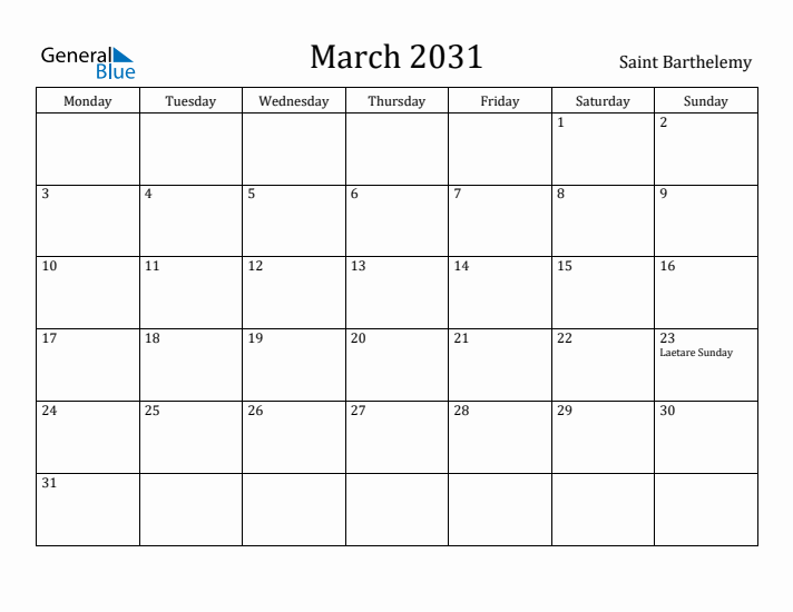 March 2031 Calendar Saint Barthelemy