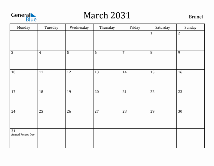 March 2031 Calendar Brunei