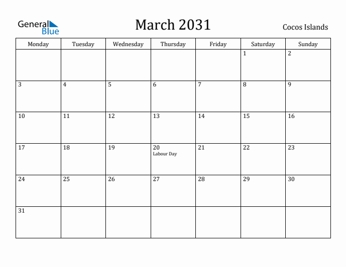 March 2031 Calendar Cocos Islands
