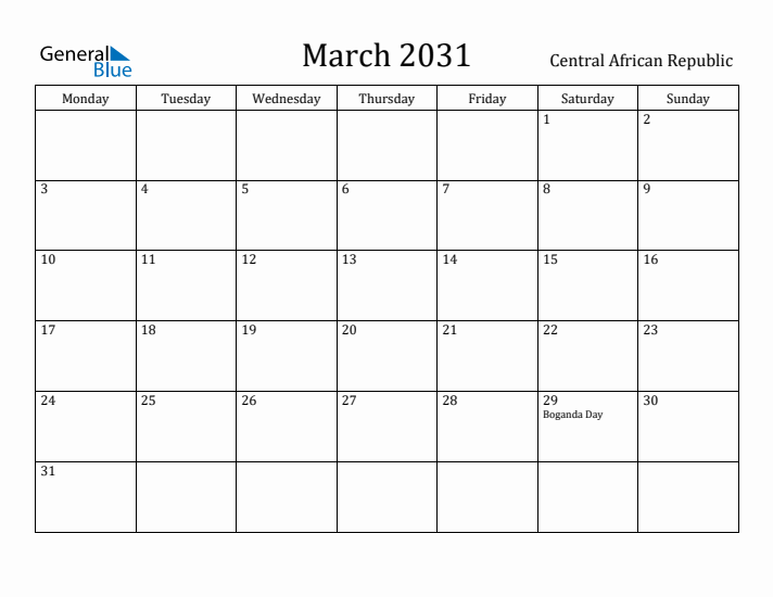 March 2031 Calendar Central African Republic
