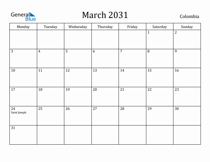 March 2031 Calendar Colombia