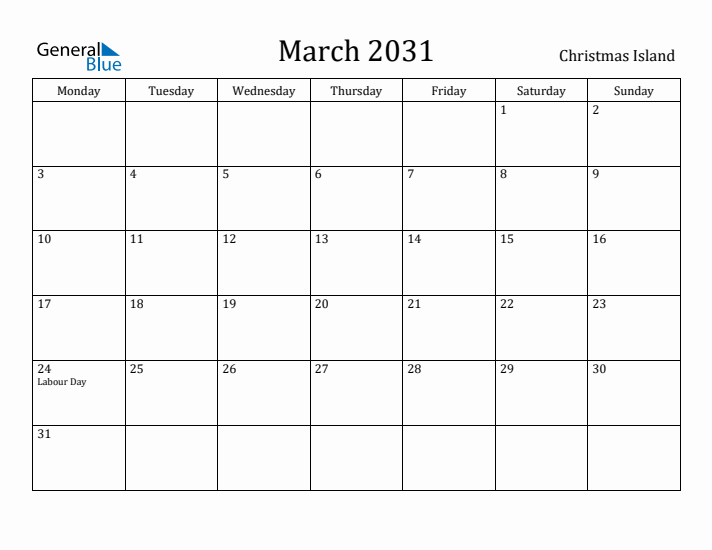 March 2031 Calendar Christmas Island