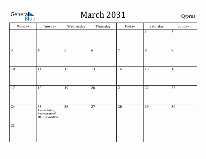 March 2031 Calendar Cyprus