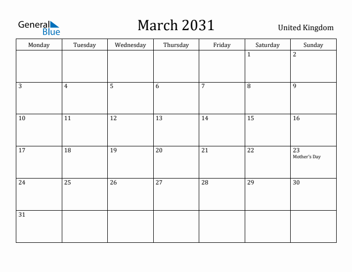 March 2031 Calendar United Kingdom