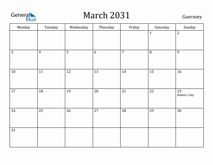 March 2031 Calendar Guernsey