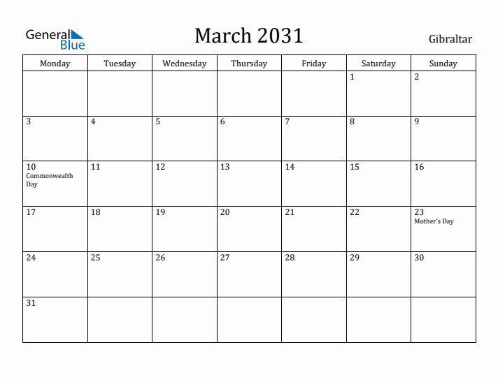 March 2031 Calendar Gibraltar