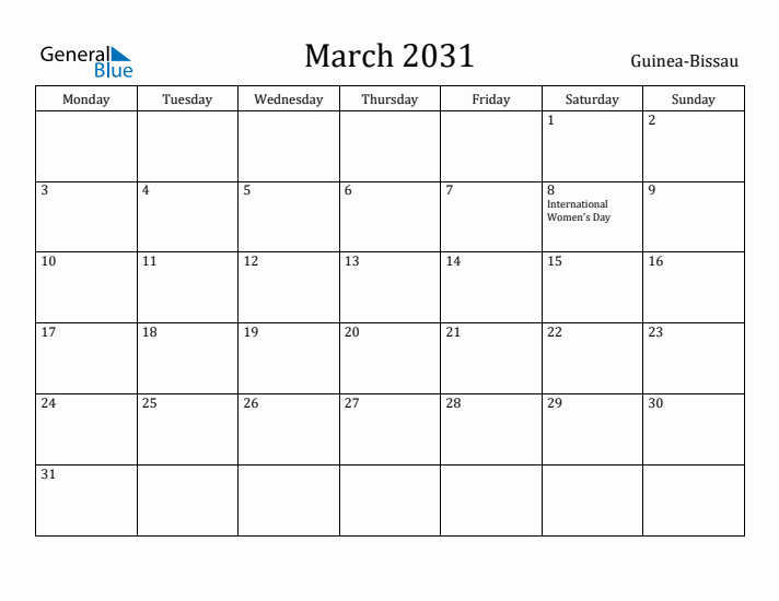 March 2031 Calendar Guinea-Bissau