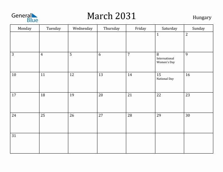 March 2031 Calendar Hungary