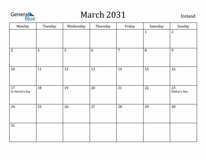 March 2031 Calendar Ireland