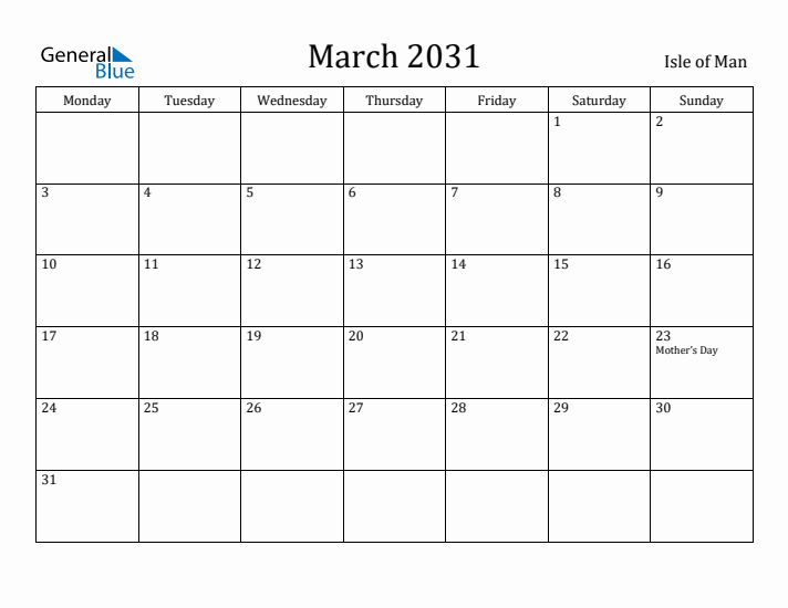 March 2031 Calendar Isle of Man