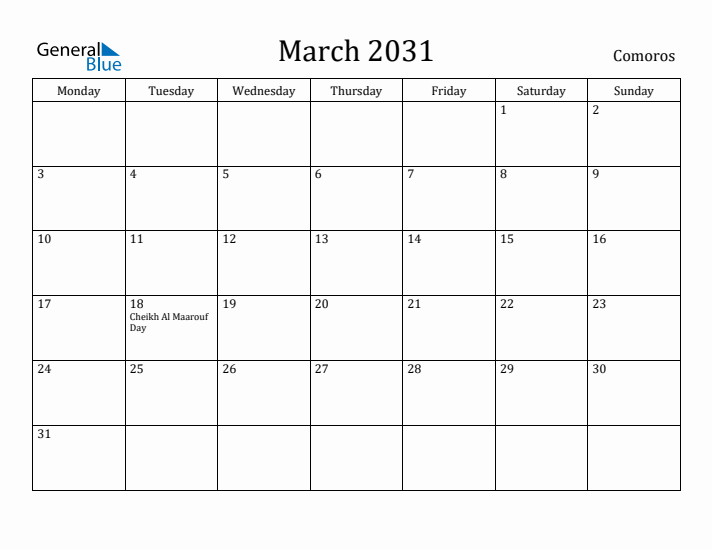 March 2031 Calendar Comoros