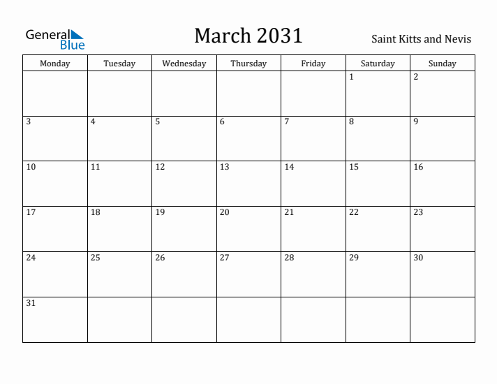 March 2031 Calendar Saint Kitts and Nevis