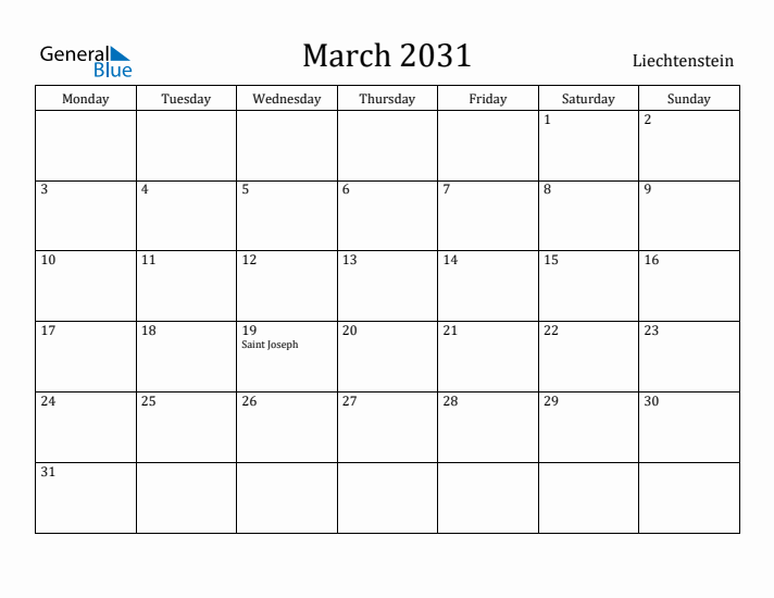 March 2031 Calendar Liechtenstein