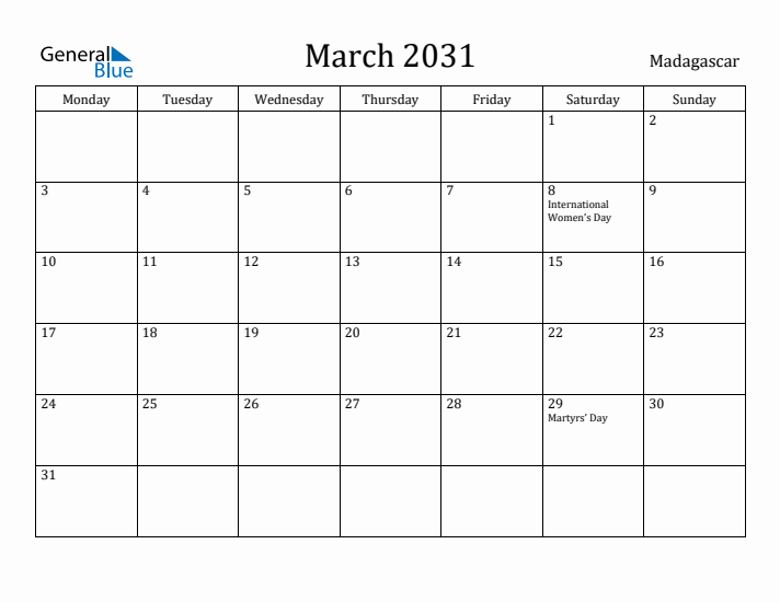 March 2031 Calendar Madagascar