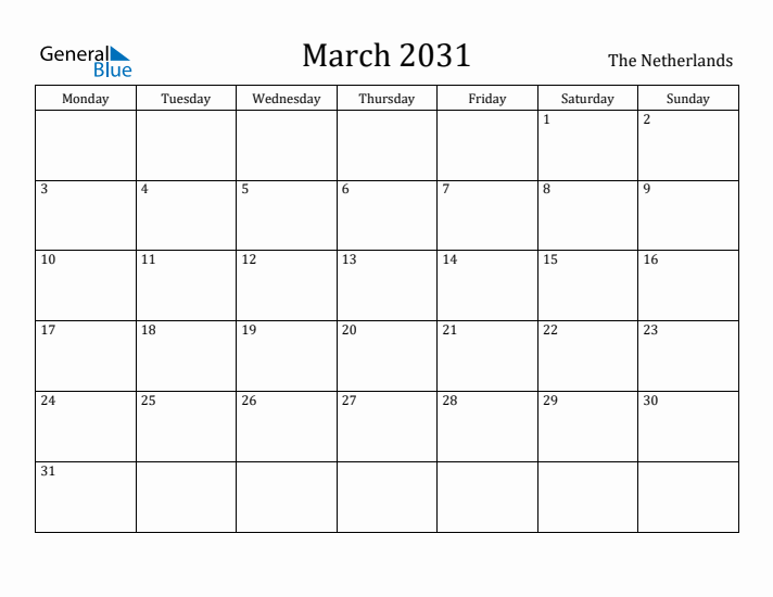 March 2031 Calendar The Netherlands