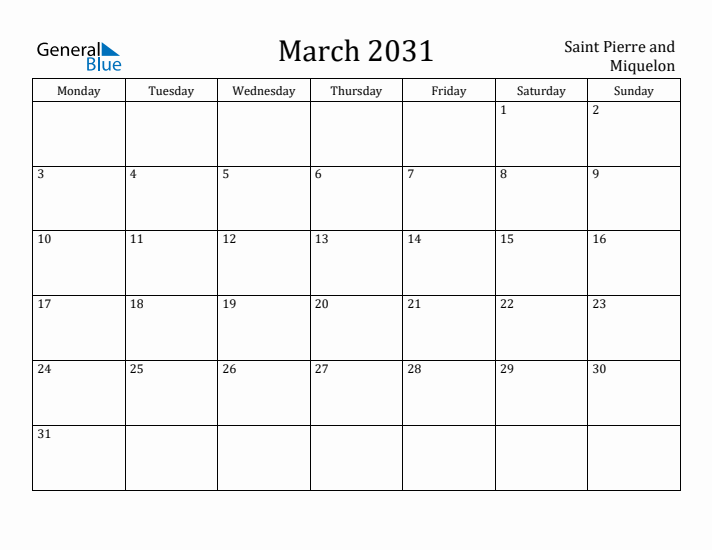 March 2031 Calendar Saint Pierre and Miquelon