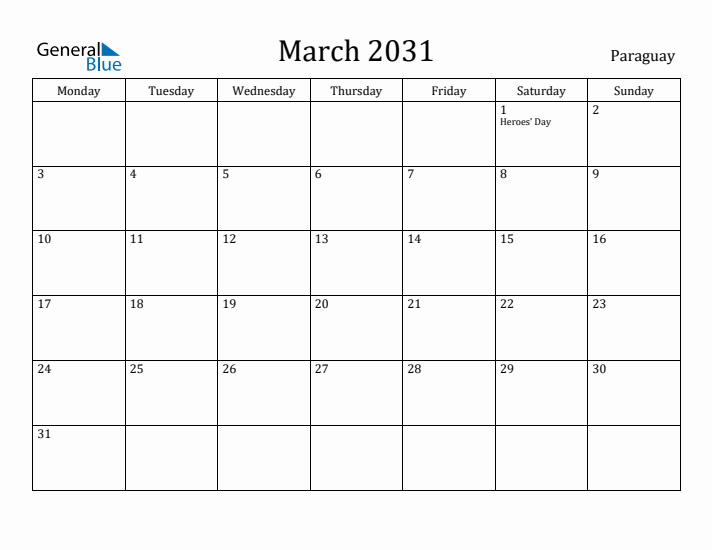 March 2031 Calendar Paraguay
