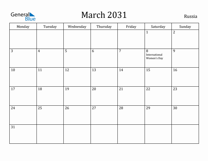 March 2031 Calendar Russia