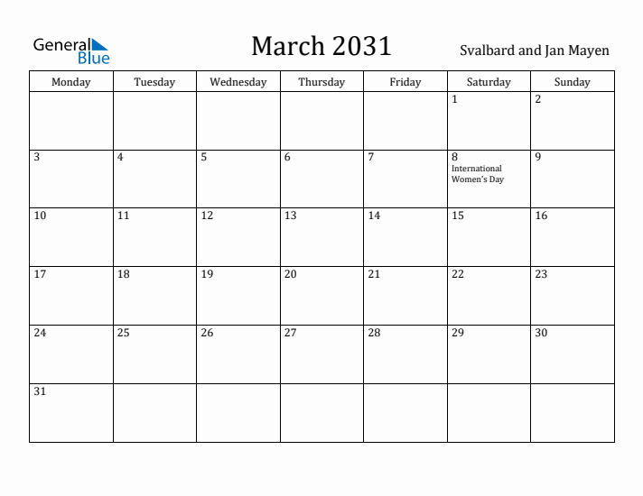 March 2031 Calendar Svalbard and Jan Mayen