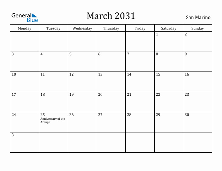 March 2031 Calendar San Marino